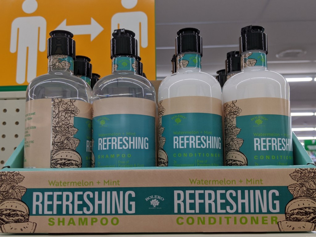 bolero watermelon and mint shampoo and conditioner bottles on store shelf