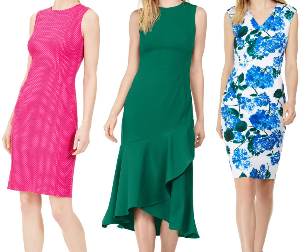 woman in pink dress, woman in green dress, and woman in white and blue floral dress
