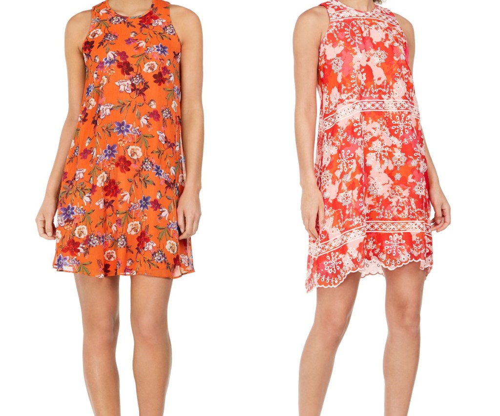 two women in orange and pink floral dresses