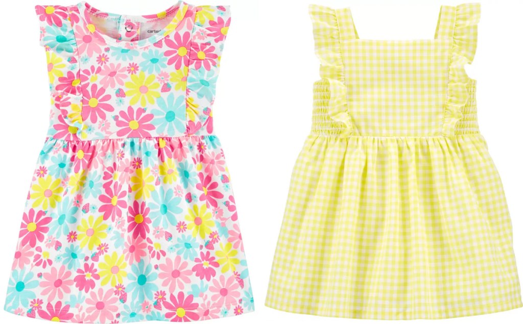 two Carter's baby girl dresses in pink floral print and yellow gingham print