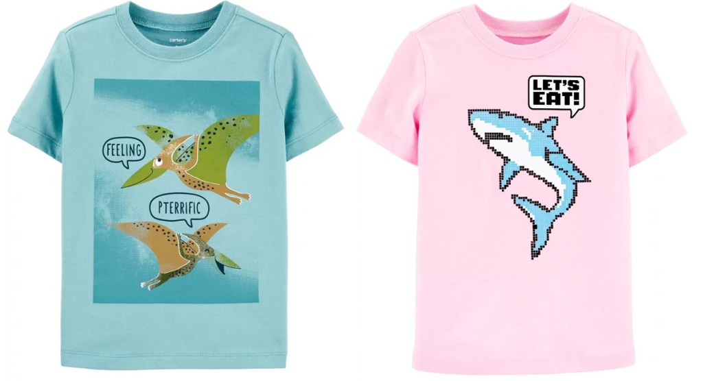 two Carter's toddler boys graphic tees in blue with dinosaurs and pink with a shark