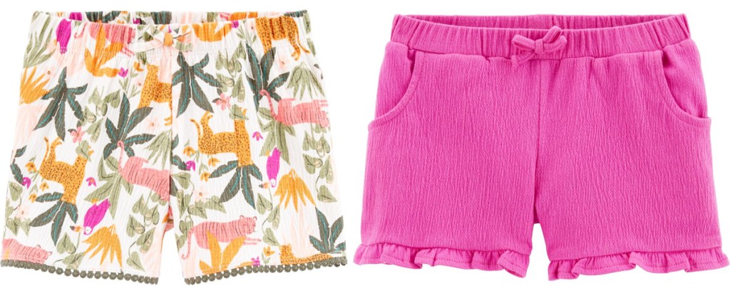 two pairs of Cater's toodler girls shorts in pink and green tropical print and solid pink with ruffle hem