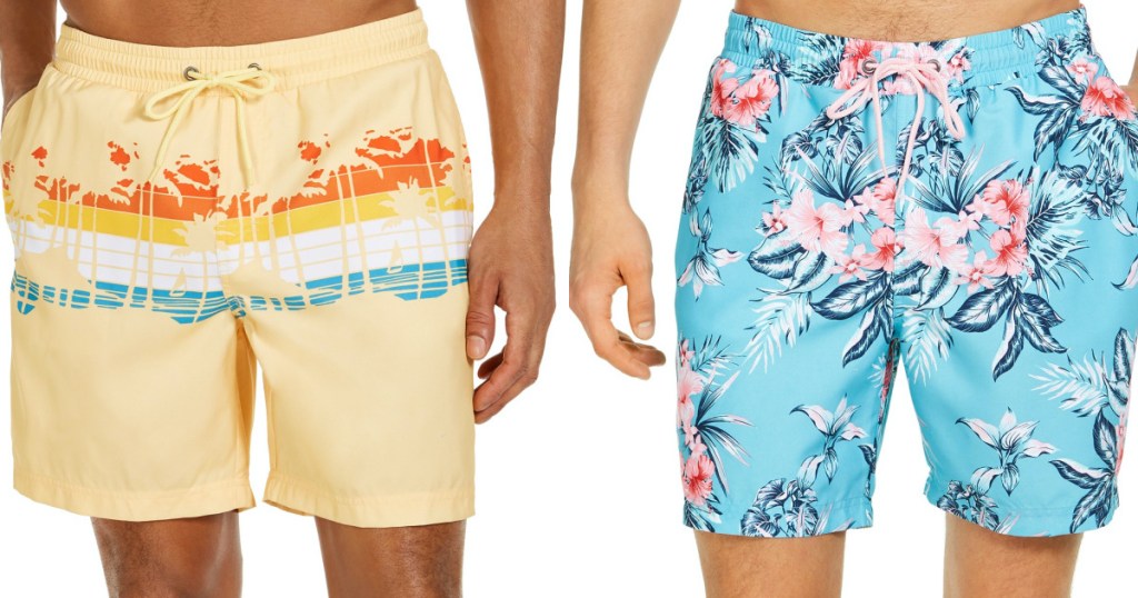 man in yellow design swim trunks and man in light blue floral swim trunks