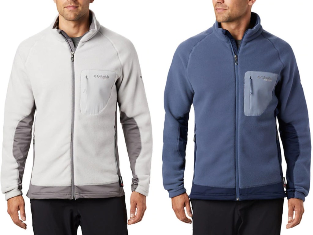 2 men wearing full zip fleece columbia jackets