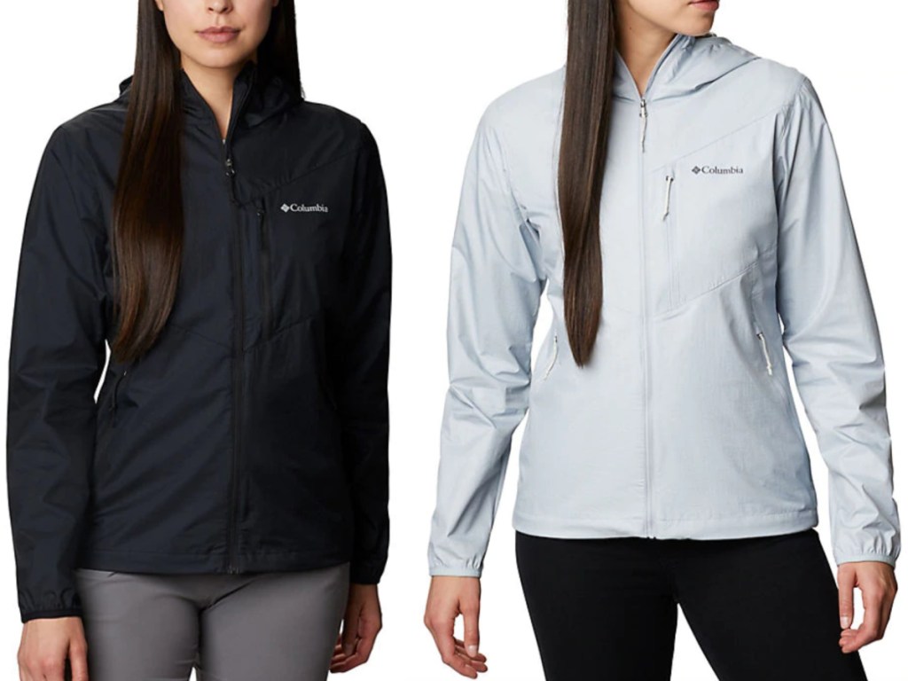 2 women wearing columbia hooded rain jackets