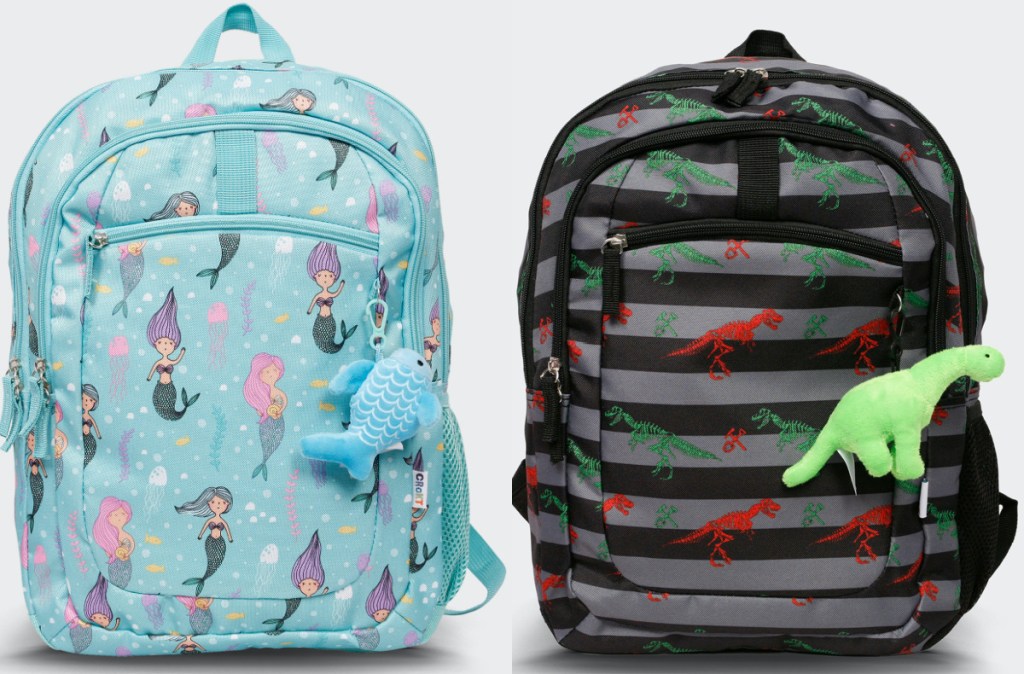 kids light blue mermaid design backpack and kids black and gray dinosaur design backpack