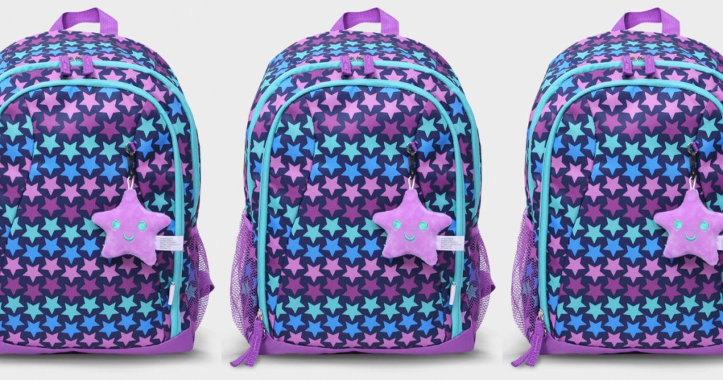 three kids purple star design backpacks