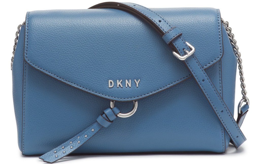 greenish blue crossbody bag with DKNY on front