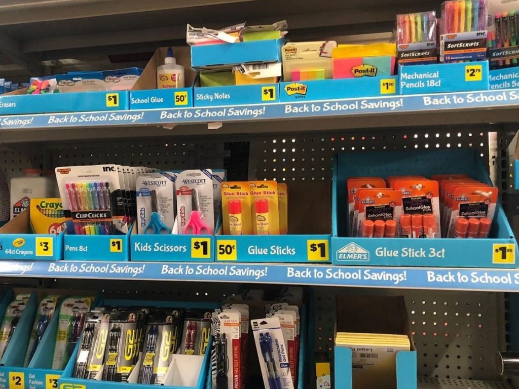 shelves of dollar general school supplies