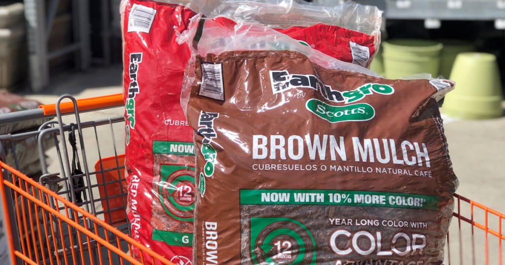 brown and red shades of earthgro mulch in Home Depot shopping cart