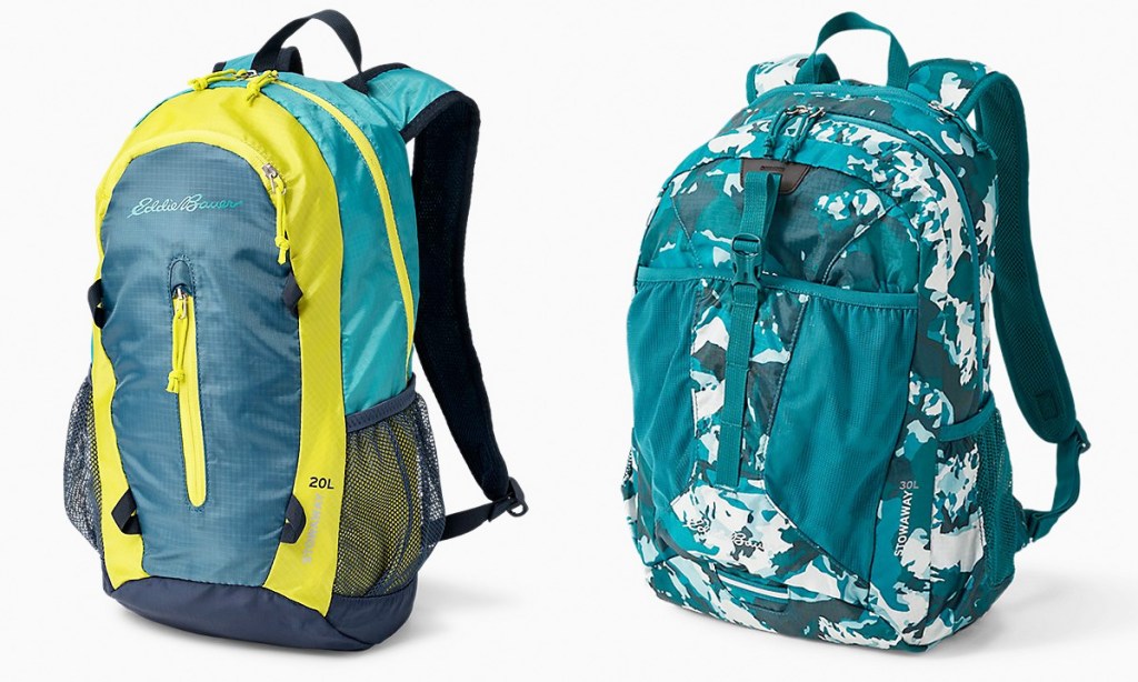 two packable backpacks in a blue and yellow theme and blue and white camo print