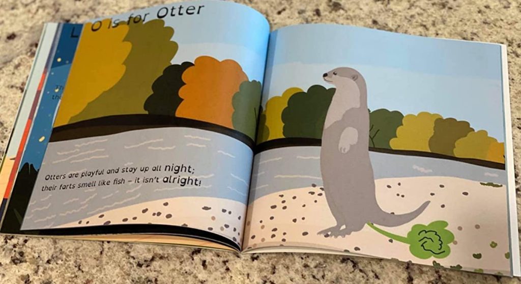 book open to a page with an otter farting