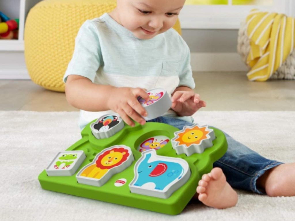 boy playing with animal puzzle toy