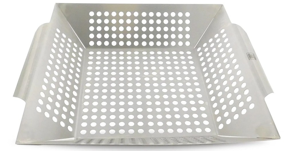 square stainless steel grill basket with holes on bottom and sides