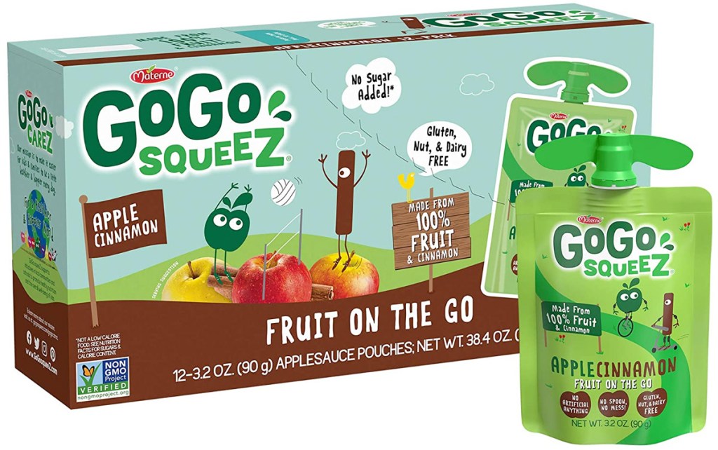 blue and brown box of go-go squeez apple sauce with green pouch in apple cinnamon flavor next to it