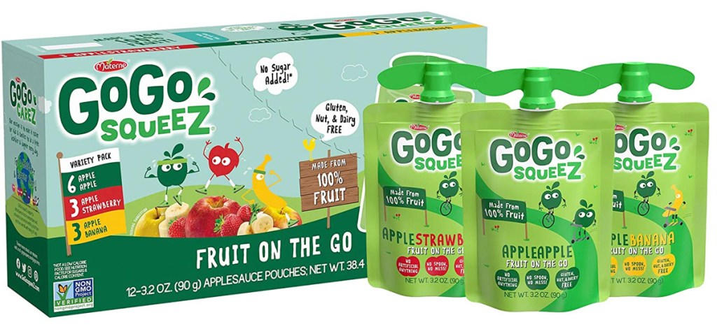 variety pack box of go-go squeez apple sauces with three green pouches next to it in strawberry, apple, and banana flavors