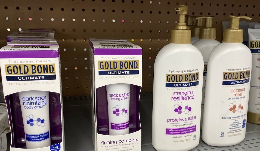 row of Gold Bond products on a shelf