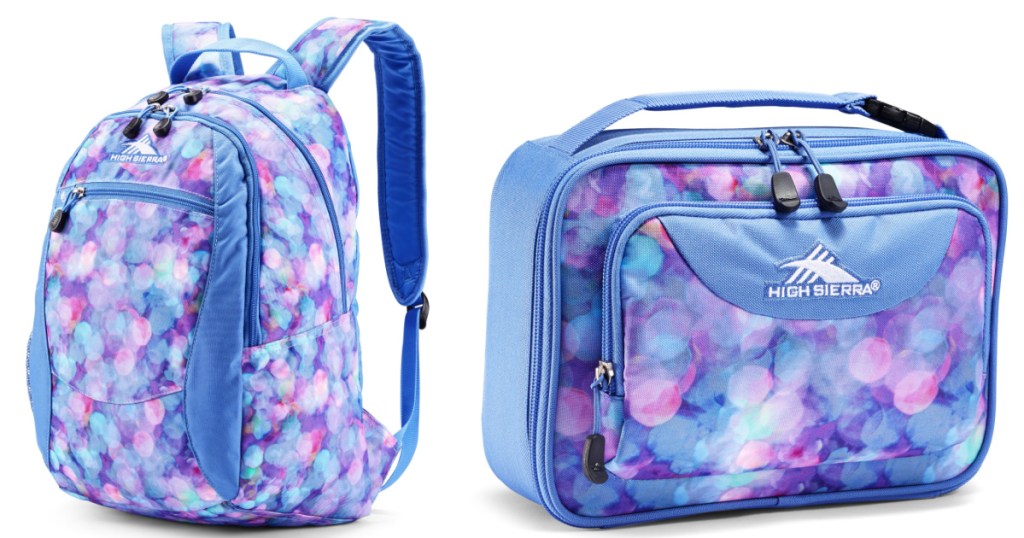 High Sierra Purple Dotted backpack and matching lunch box