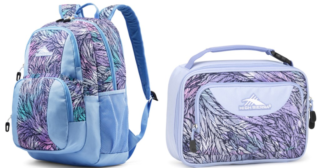 purple/blue backpack and matching lunch box sitting side by side