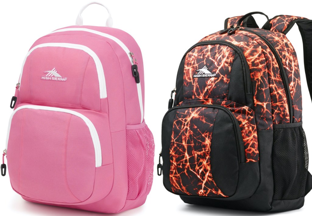 pink and white backpack and black and fire print backpack