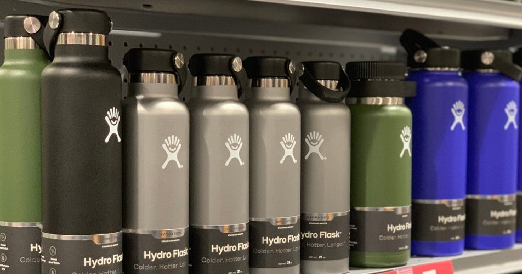various colored insulated water bottles on store shelf