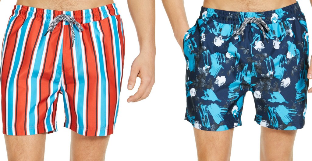 man in blue, orange, and white striped swim trunks and man in blue floral swim trunks