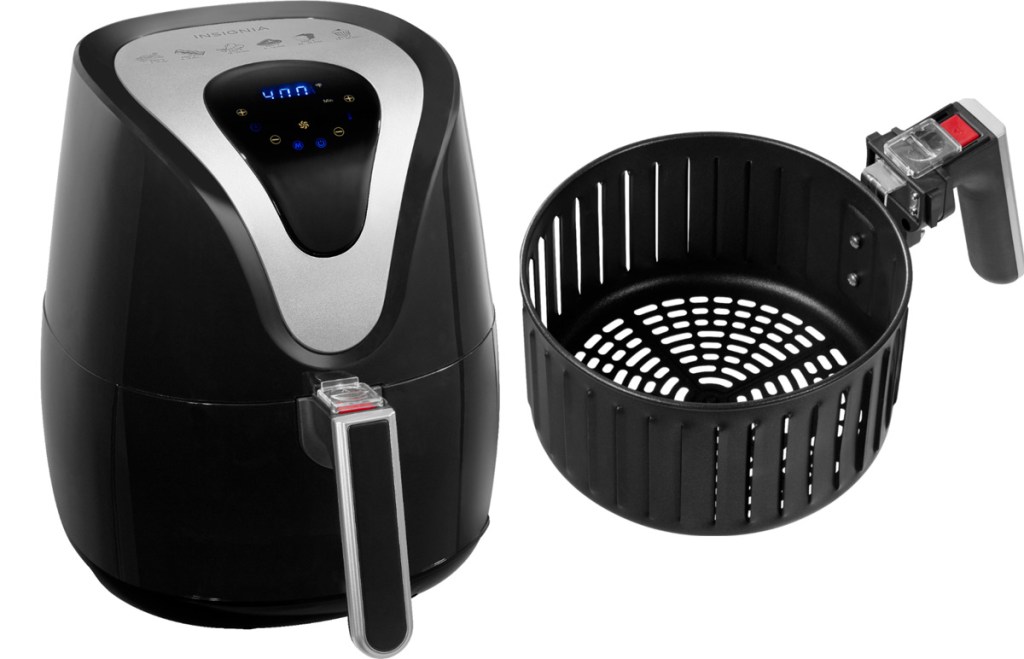 black and silver digital air fryer with round air frying basket next to it