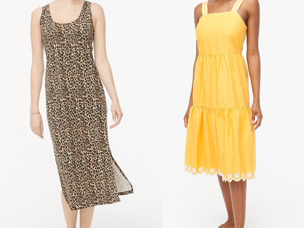 woman in brown animal print dress and woman in yellow dress