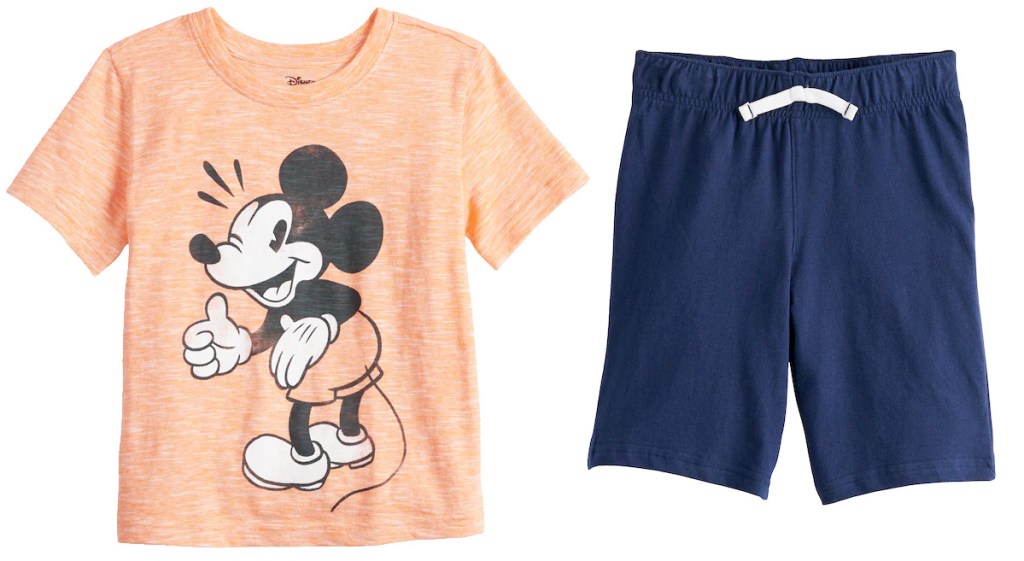 orange boys mickey mouse graphic tee and navy blue shorts