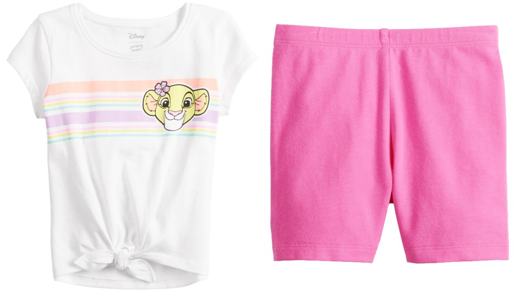 girls white lion king graphic tee with knot at bottom and pink bike shorts