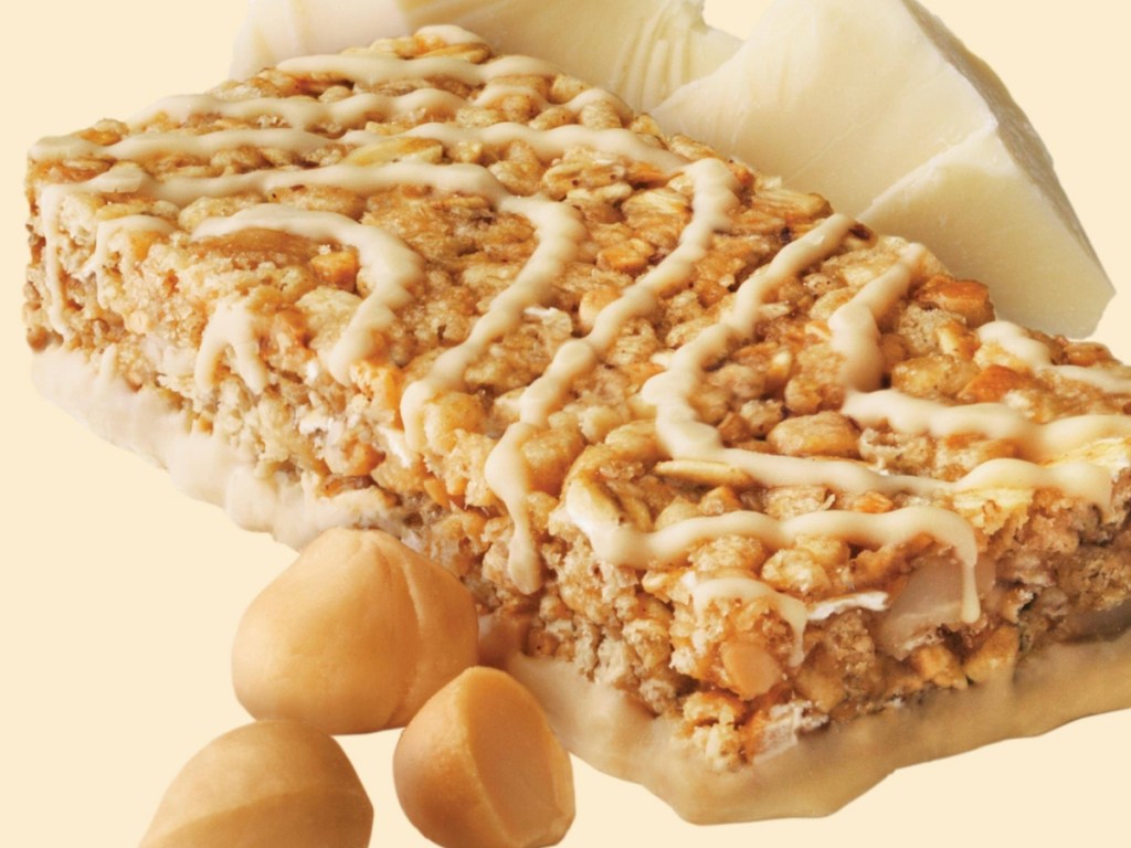white chocolate macadamia snack bar, white chocolate, and macadamia nuts