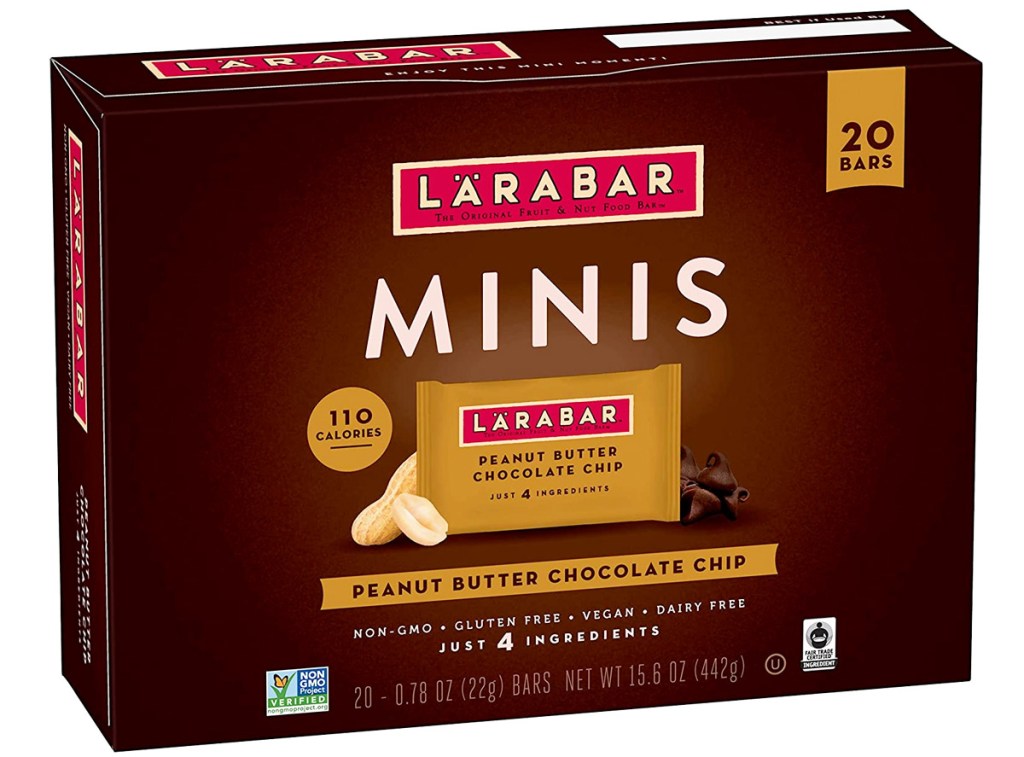 brown box of Larabar Minis in peanut butter chocolate chip flavor