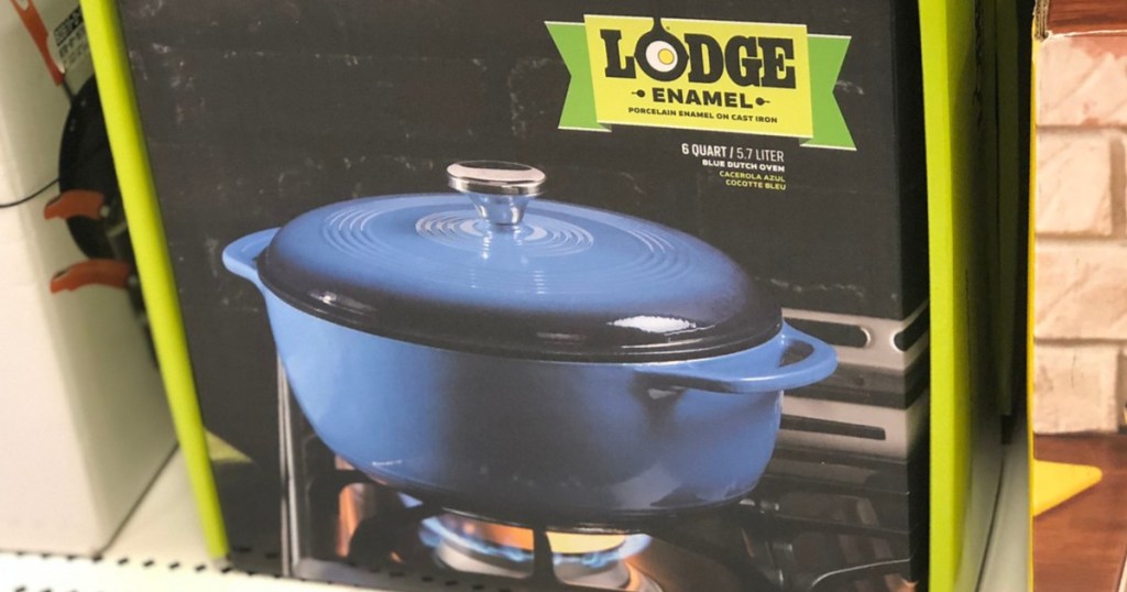 blue dutch oven in box on store shelf