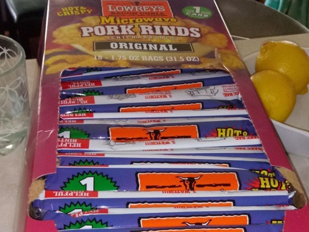 box of microwavable pork rinds