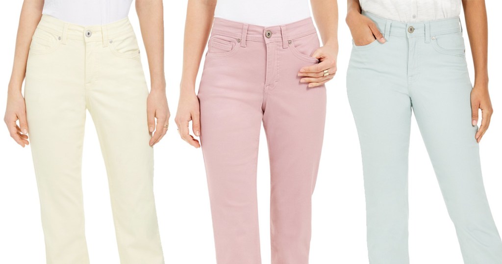 three women modeling skinny jeans in light yellow, pink, and blue colors