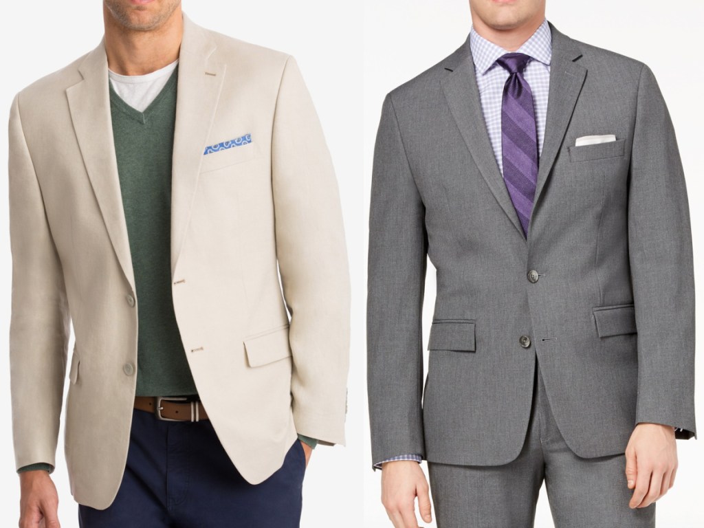 2 men wearing a tan and grey sport coat standing side by side