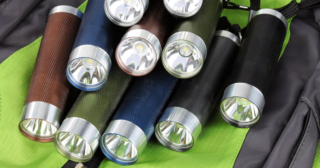 multiple ozark trail flashlights on backpack