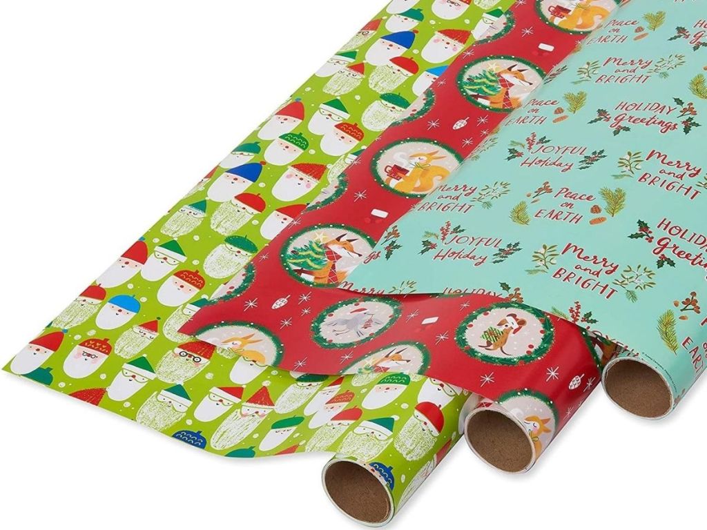 three rolls of wrapping paper