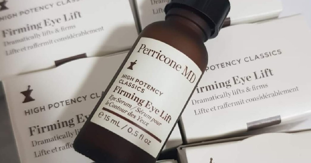 Perricone MD eye lift bottle resting on boxes