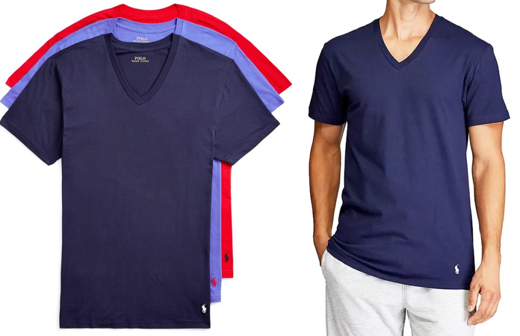 set of three men's v-neck shirts in navy, light blue, and red colors with man modeling navy shirt