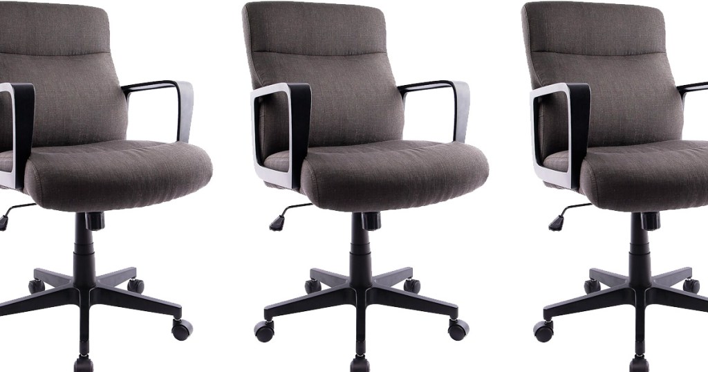 three brown fabric office chairs with black arm rests and wheels