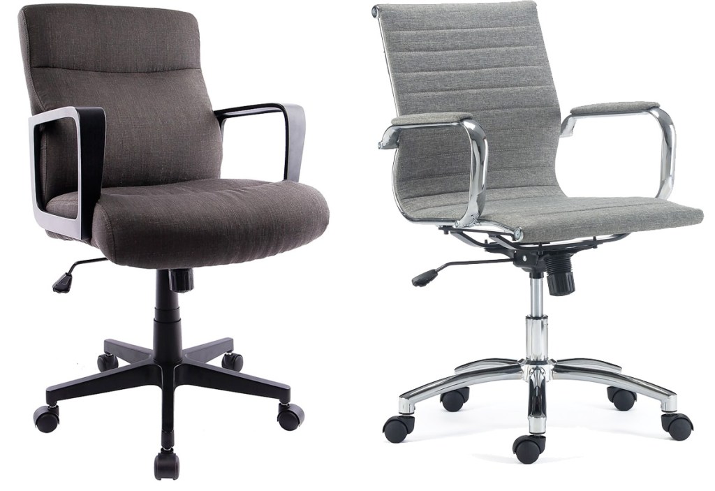brown fabric and grey fabric office chairs with wheels