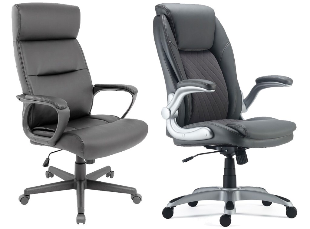two black leather office managers chairs with wheels