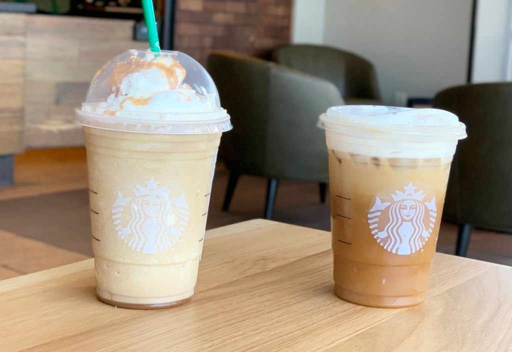 Starbucks Frappuccino and Iced Drink sitting on a wood table