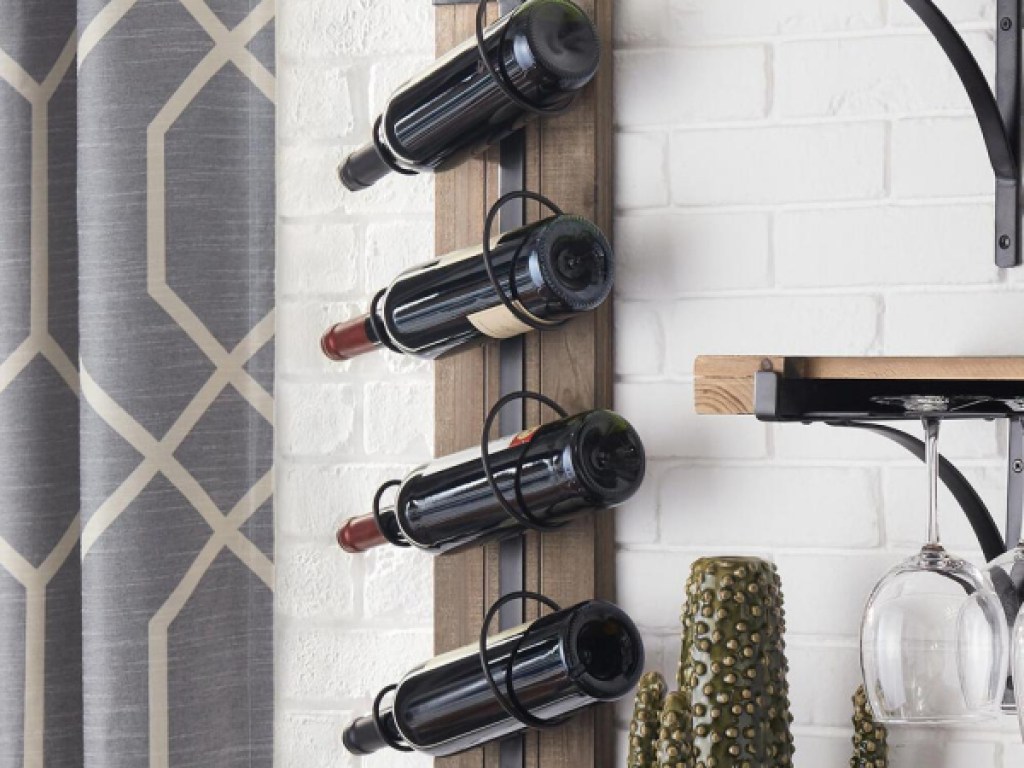 wine rack holder mounted on wall with bottles