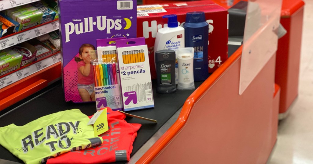 target check out lane with pull ups, huggies, school products, beauty products, and kids athletic clothes