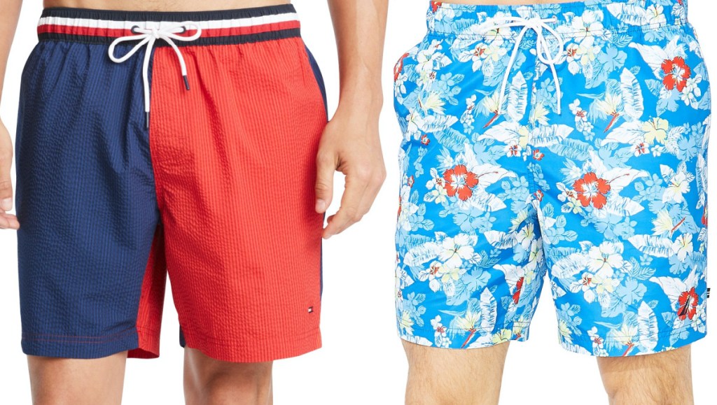 man in red and blue colorblock swim trunks and man in blue floral swim trunks
