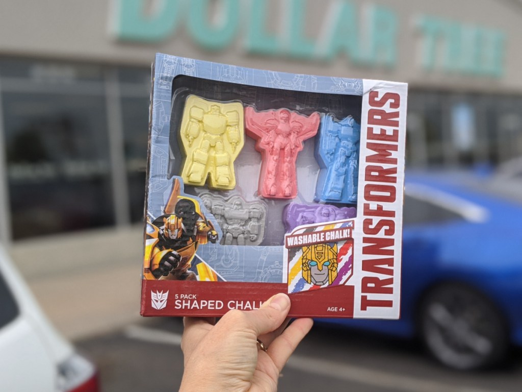 hand holding a 5-pack of Transformers themed chalk