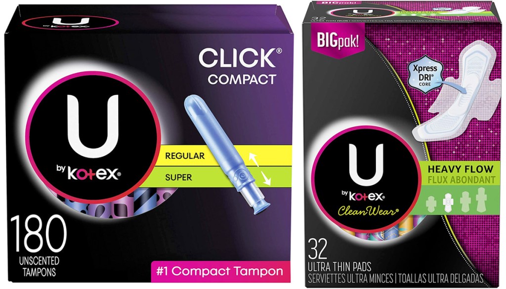 two black boxes of U by Kotex click tampons and pads