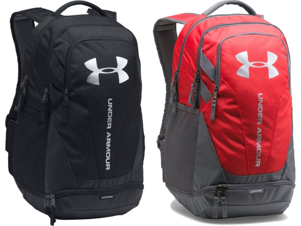 black backpack and red and gray backpack